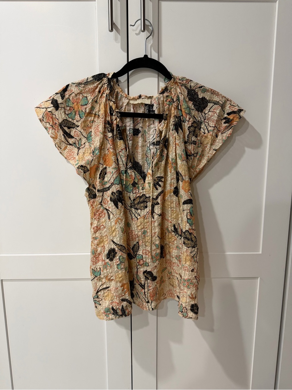 Ulla Johnson Cream Floral Flutter-Sleeve Blouse with Teal Accents